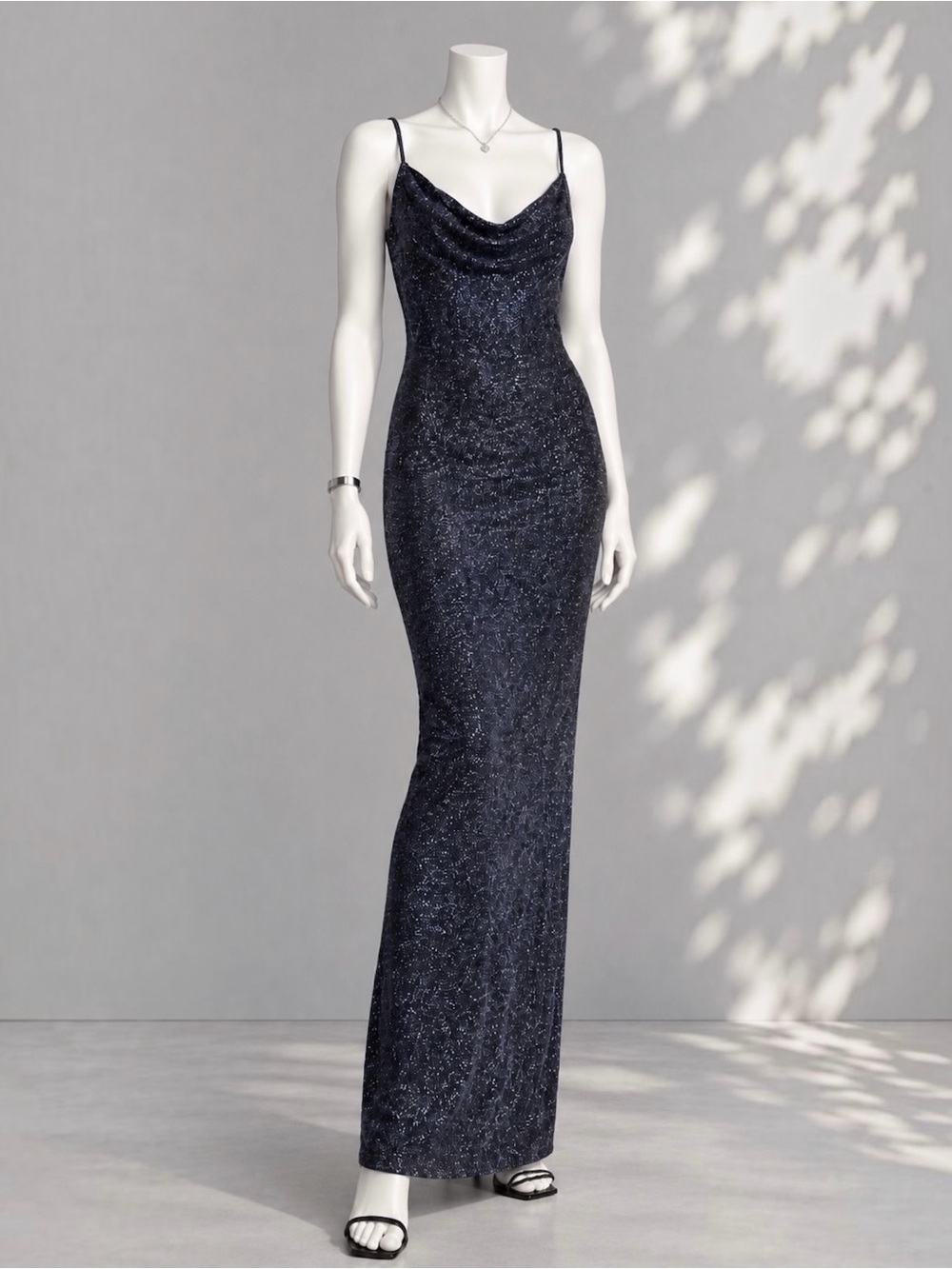 Jodi Kristopher Vintage 90s Evening Dress Navy Glitter Drape Neck Gown XS / S